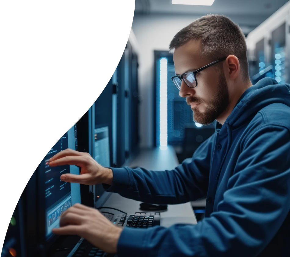 An IT employee operates a laptop in a server room
