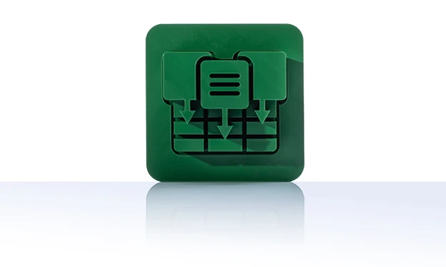 The symbol is unicolor green and shows two stylized table or catalog symbols with a line structure that overlap. In front of them is an arrow indicating an export process. It is shown in a square with rounded corners. This icon stands for the E-catalogs data export module of crossbase.