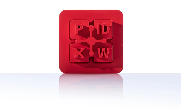 The symbol is unicolor red and shows four squares that are linked together by a central connection. The squares contain the letters 